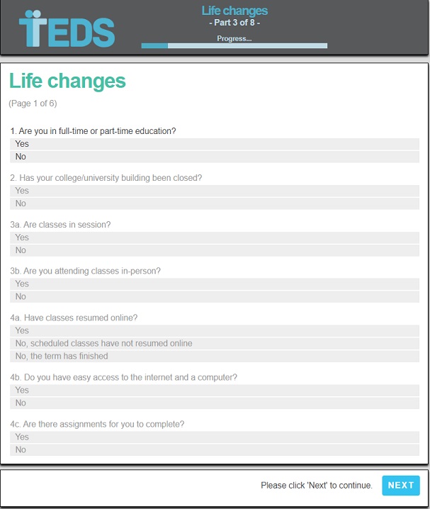 Covid phase 1 example questionnaire page