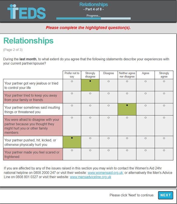 Covid phase 2 example questionnaire page showing validation controls